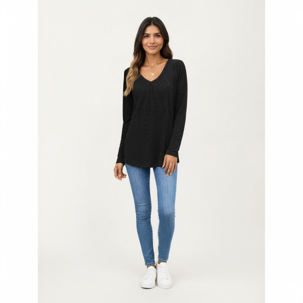 Anna-Kaci Women's Long Sleeve V-Neck Top with Subtle Front Pleat and Relaxed Fit