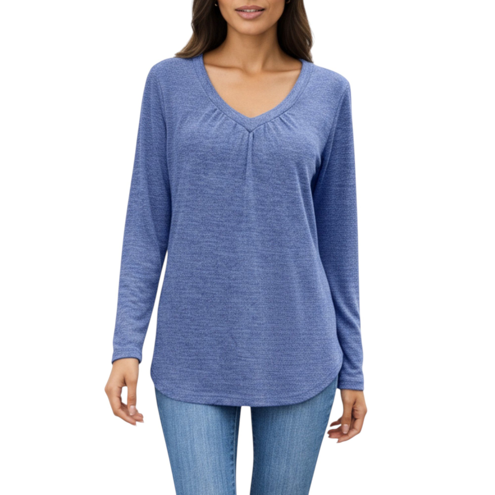 Anna-Kaci Women's Long Sleeve V-Neck Top with Subtle Front Pleat and Relaxed Fit