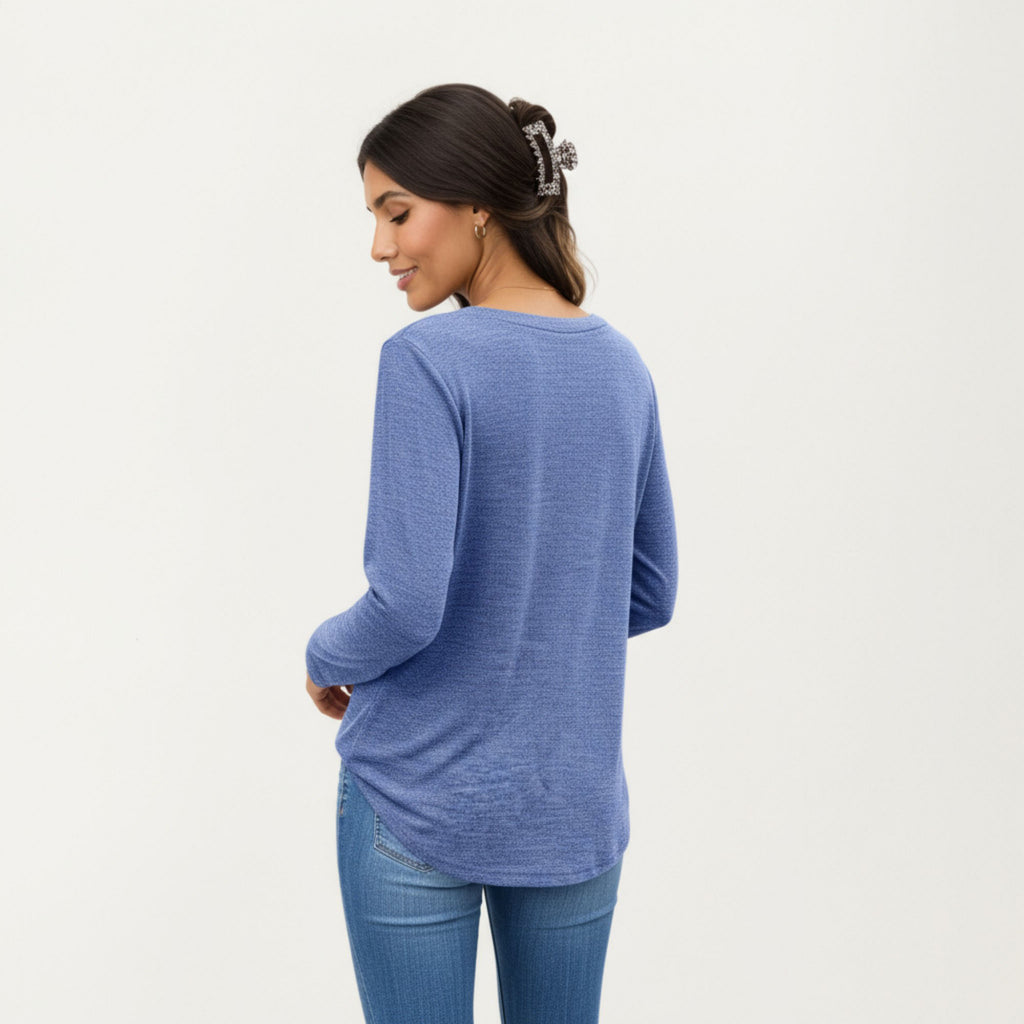 Anna-Kaci Women's Long Sleeve V-Neck Top with Subtle Front Pleat and Relaxed Fit