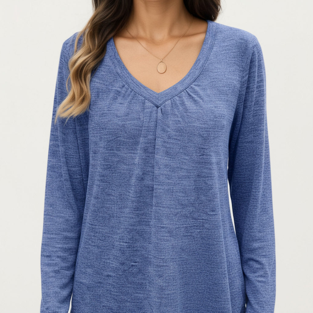 Anna-Kaci Women's Long Sleeve V-Neck Top with Subtle Front Pleat and Relaxed Fit