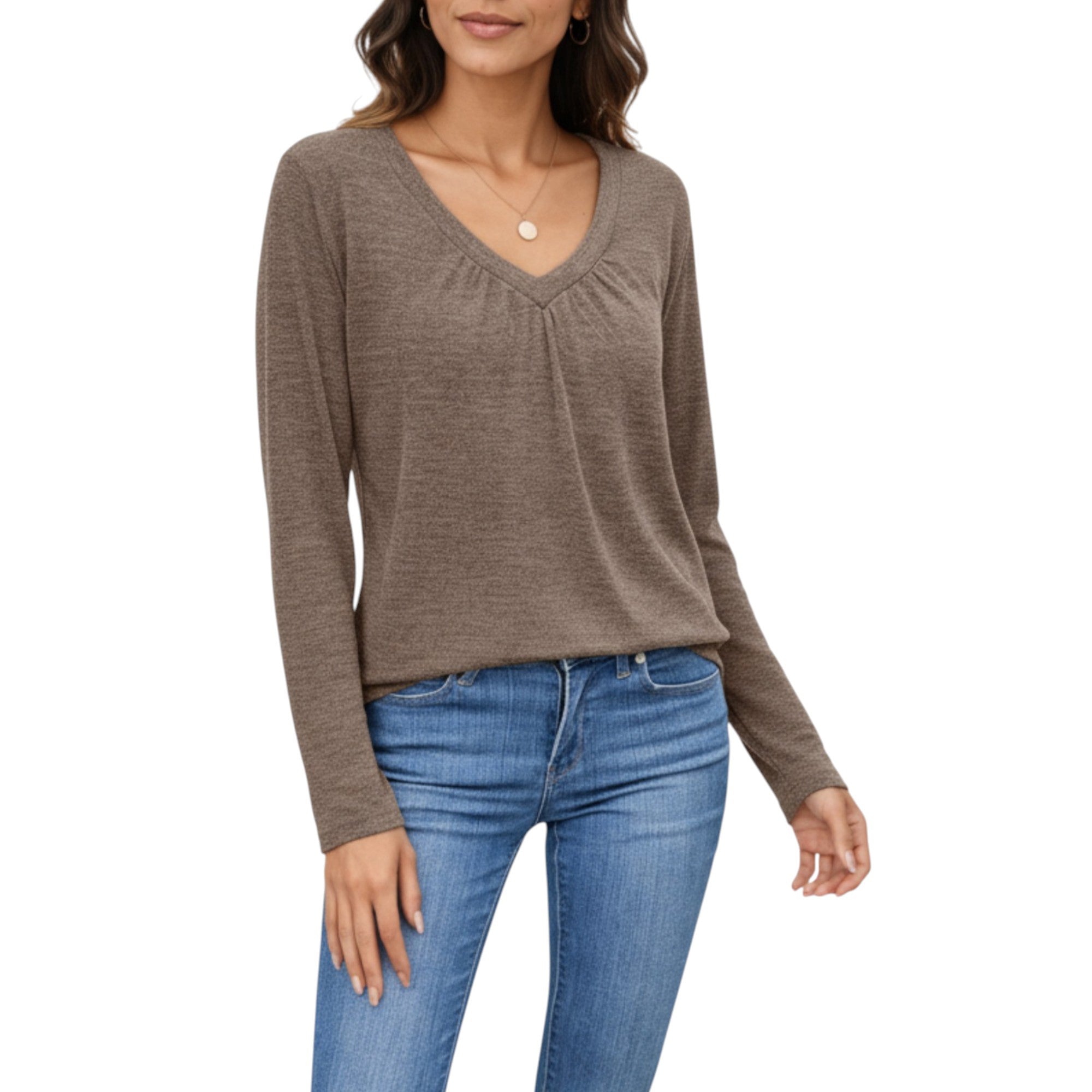 Anna-Kaci Women's Long Sleeve V-Neck Top with Subtle Front Pleat and Relaxed Fit