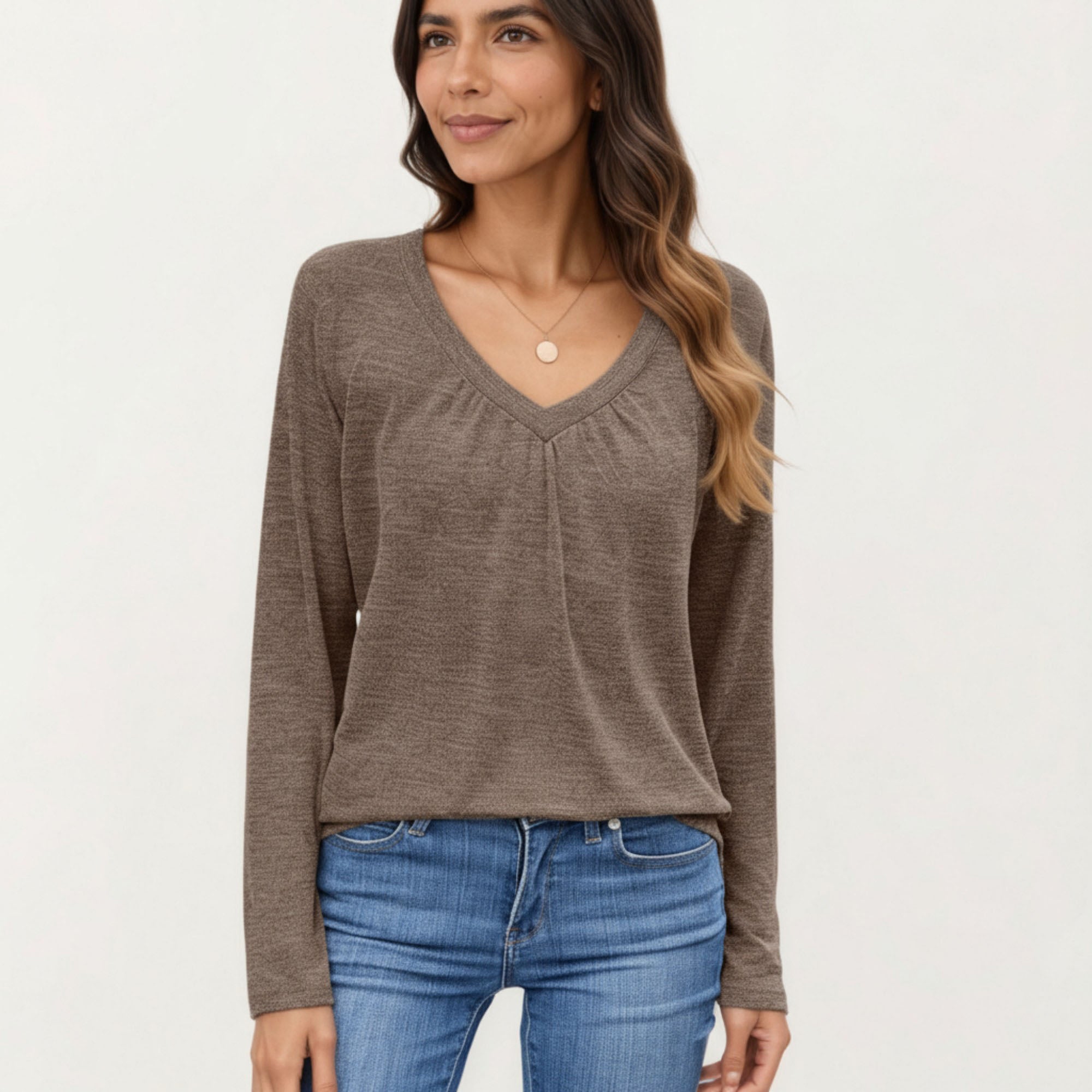 Anna-Kaci Women's Long Sleeve V-Neck Top with Subtle Front Pleat and Relaxed Fit