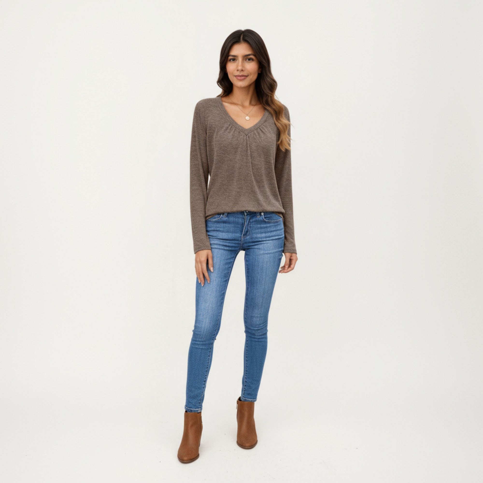 Anna-Kaci Women's Long Sleeve V-Neck Top with Subtle Front Pleat and Relaxed Fit