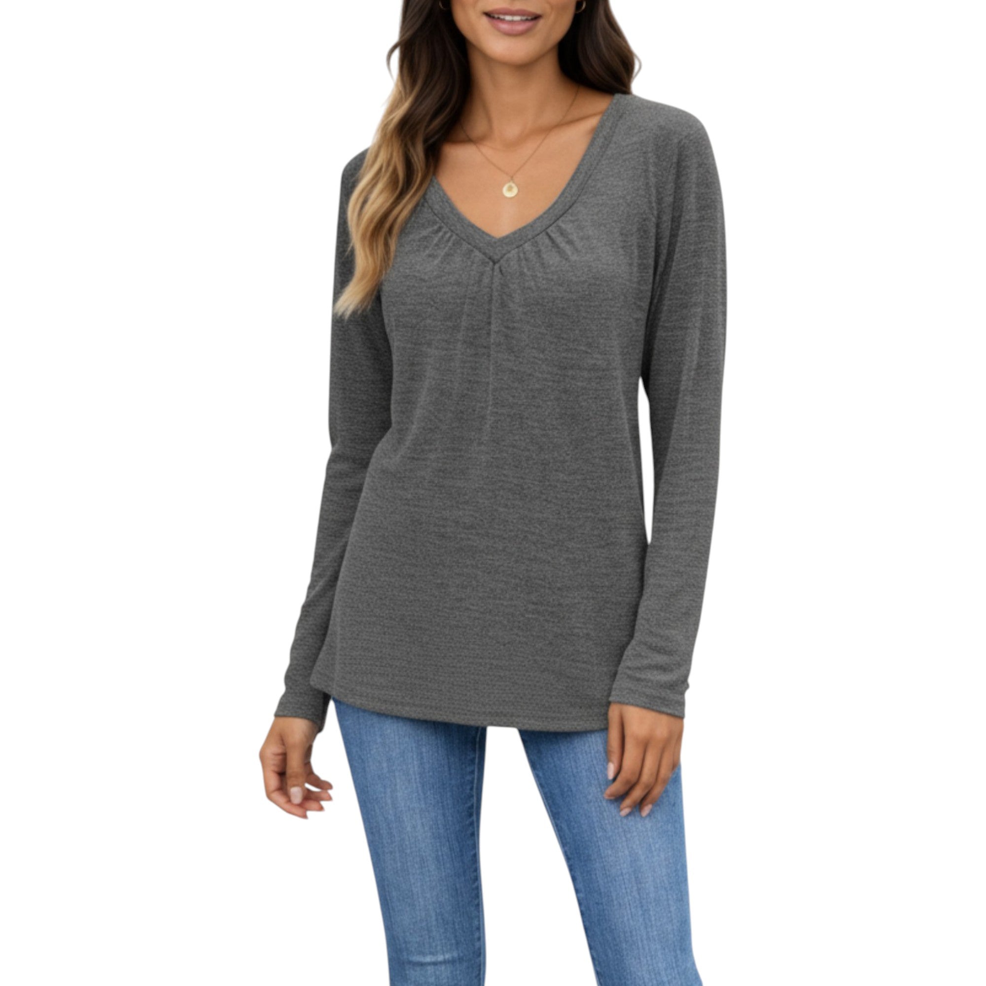 Anna-Kaci Women's Long Sleeve V-Neck Top with Subtle Front Pleat and Relaxed Fit