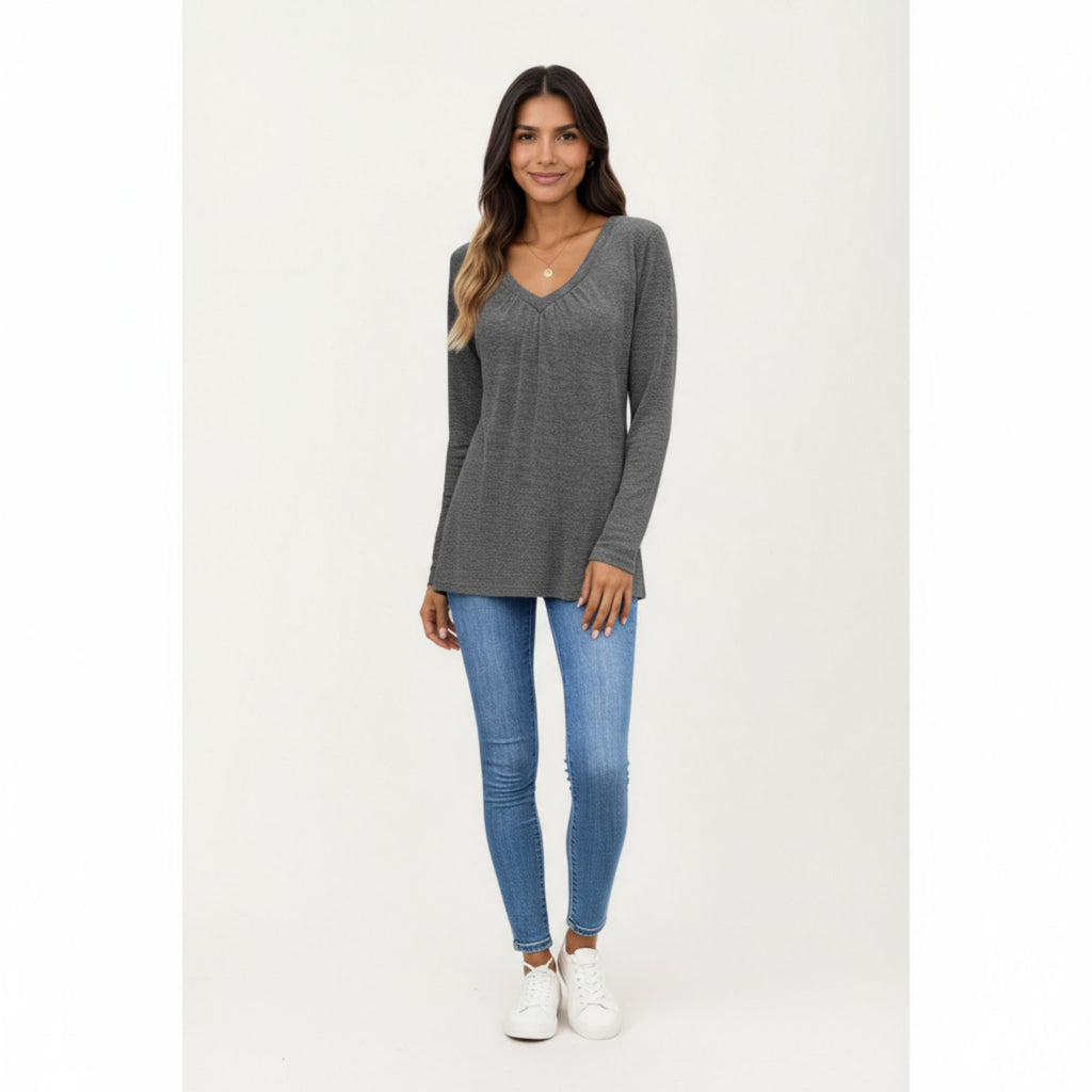 Anna-Kaci Women's Long Sleeve V-Neck Top with Subtle Front Pleat and Relaxed Fit