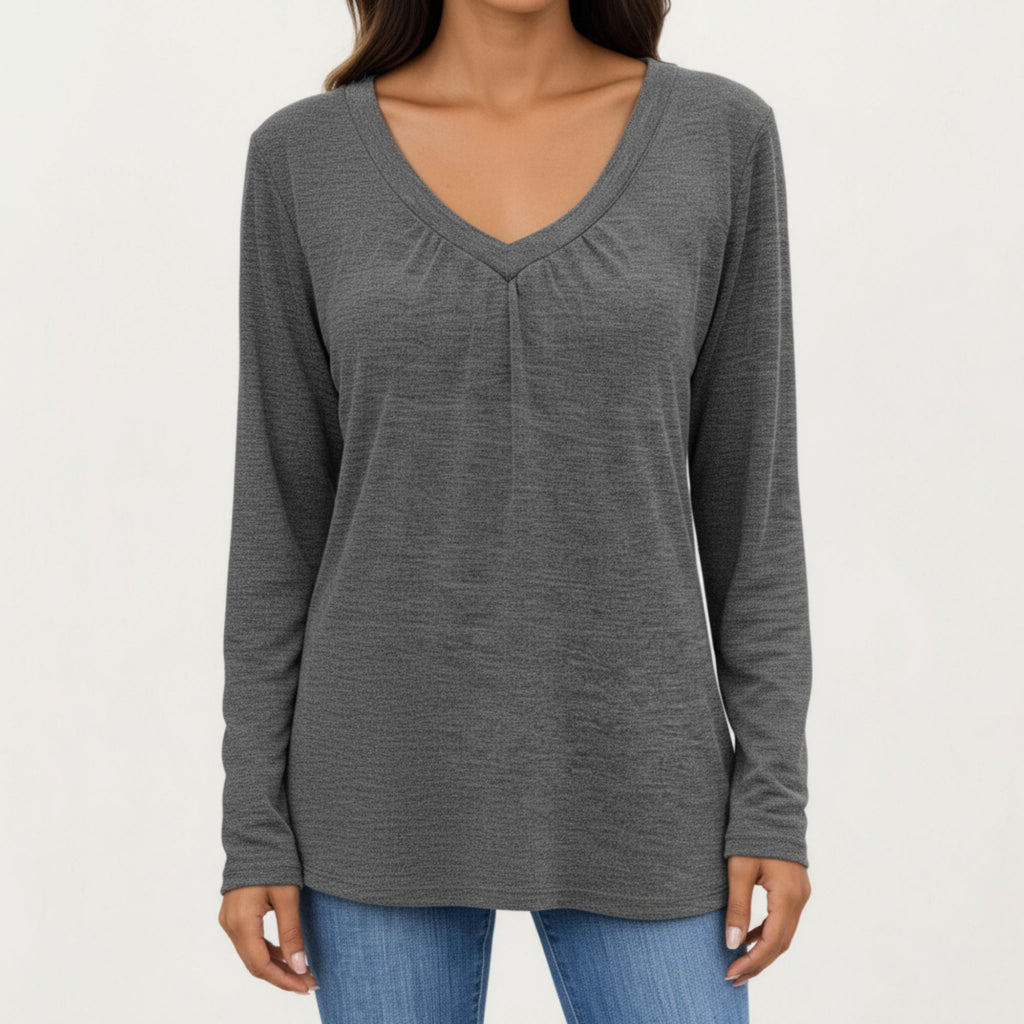 Anna-Kaci Women's Long Sleeve V-Neck Top with Subtle Front Pleat and Relaxed Fit