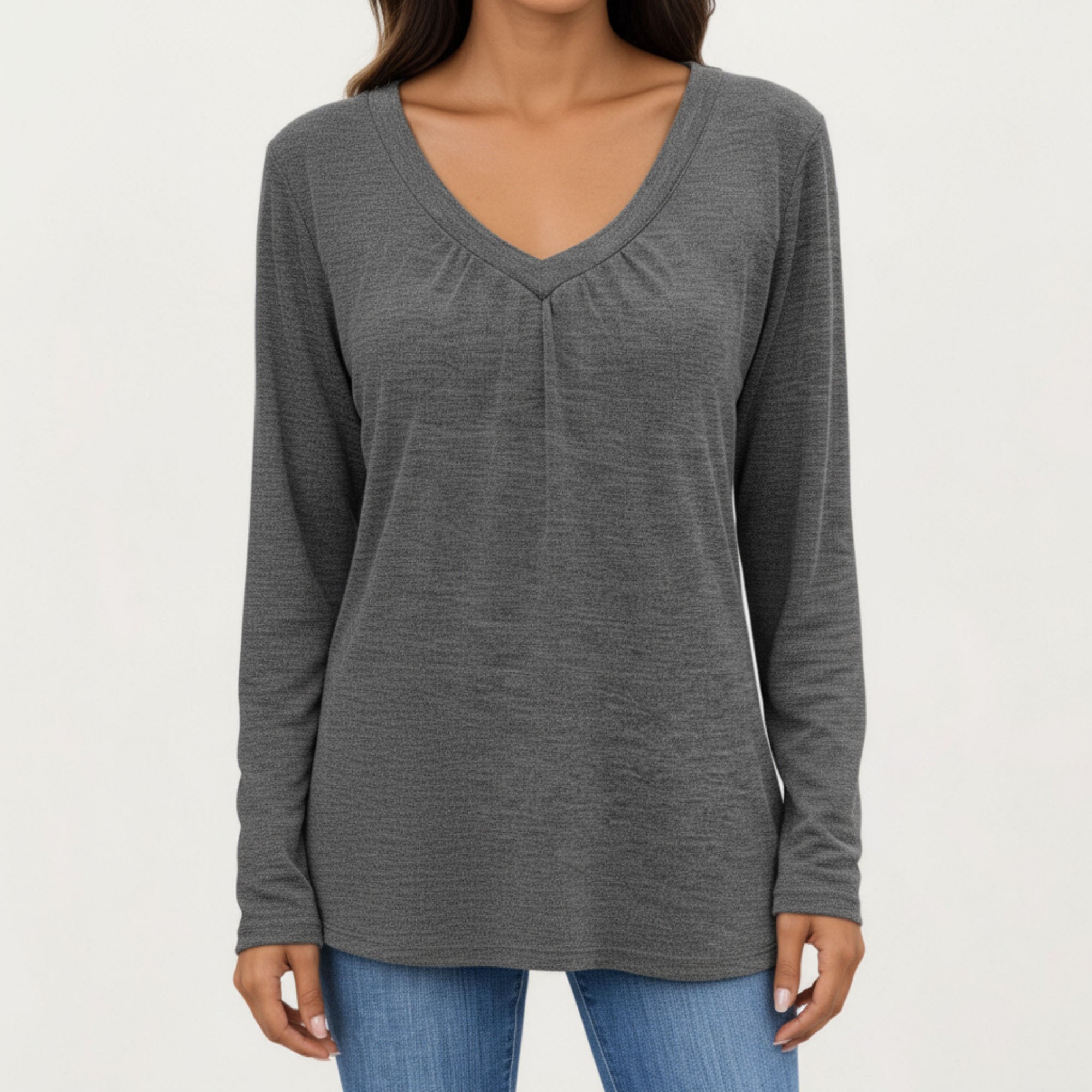 Anna-Kaci Women's Long Sleeve V-Neck Top with Subtle Front Pleat and Relaxed Fit