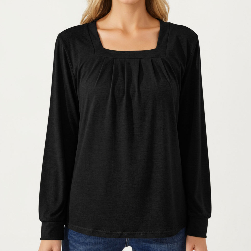 Anna-Kaci Women's Long Sleeve Square Neck Top with Front Pleat Detailing and Relaxed Fit