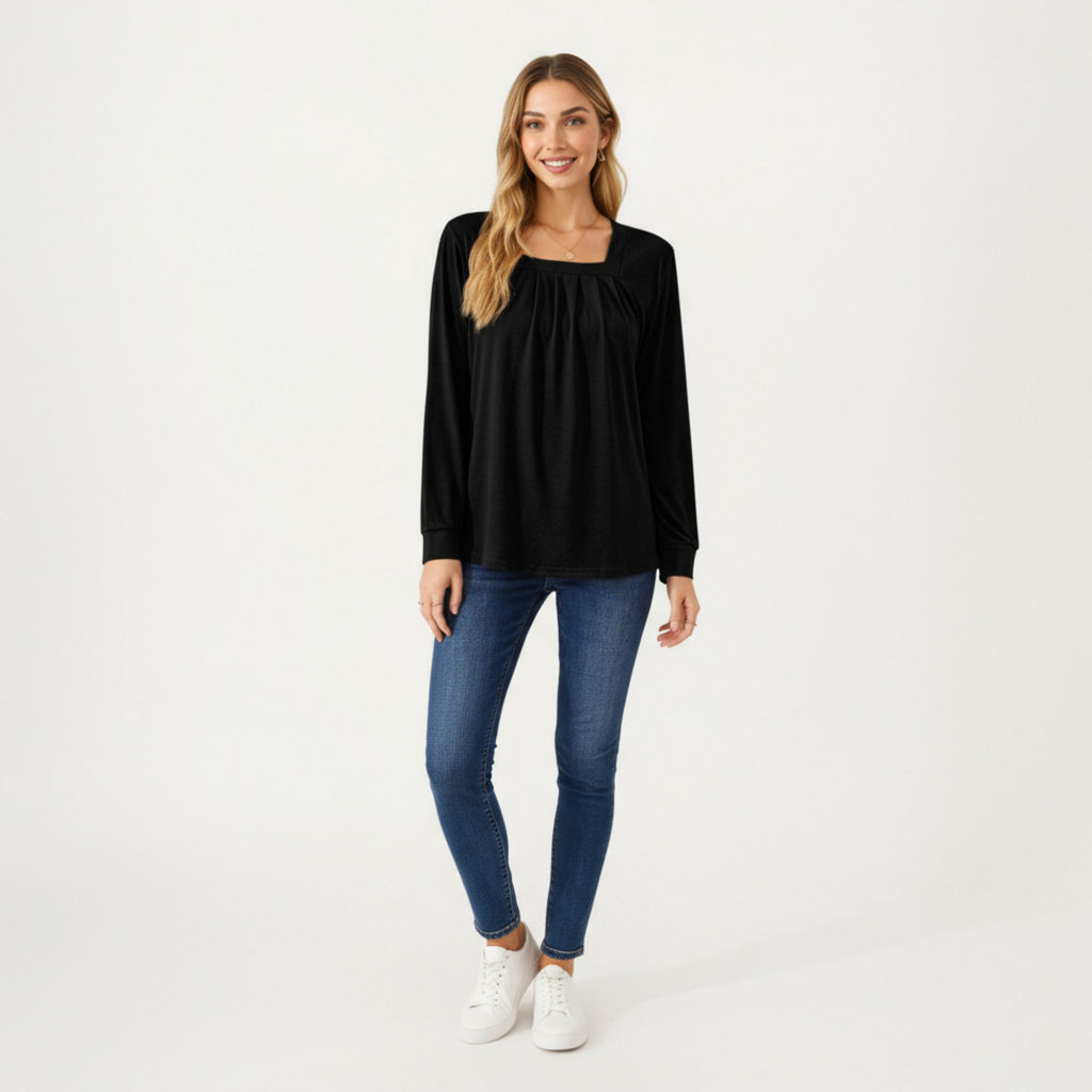 Anna-Kaci Women's Long Sleeve Square Neck Top with Front Pleat Detailing and Relaxed Fit