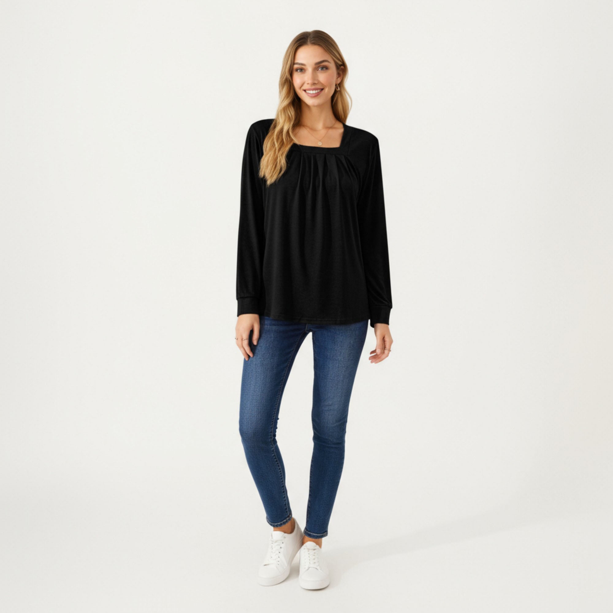 Anna-Kaci Women's Long Sleeve Square Neck Top with Front Pleat Detailing and Relaxed Fit