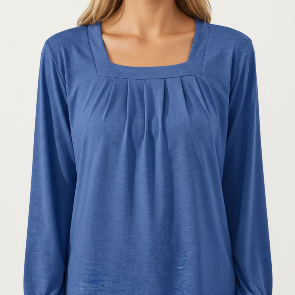 Anna-Kaci Women's Long Sleeve Square Neck Top with Front Pleat Detailing and Relaxed Fit
