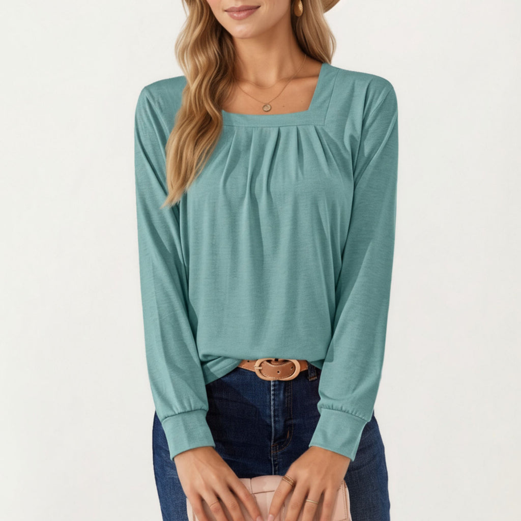 Anna-Kaci Women's Long Sleeve Square Neck Top with Front Pleat Detailing and Relaxed Fit