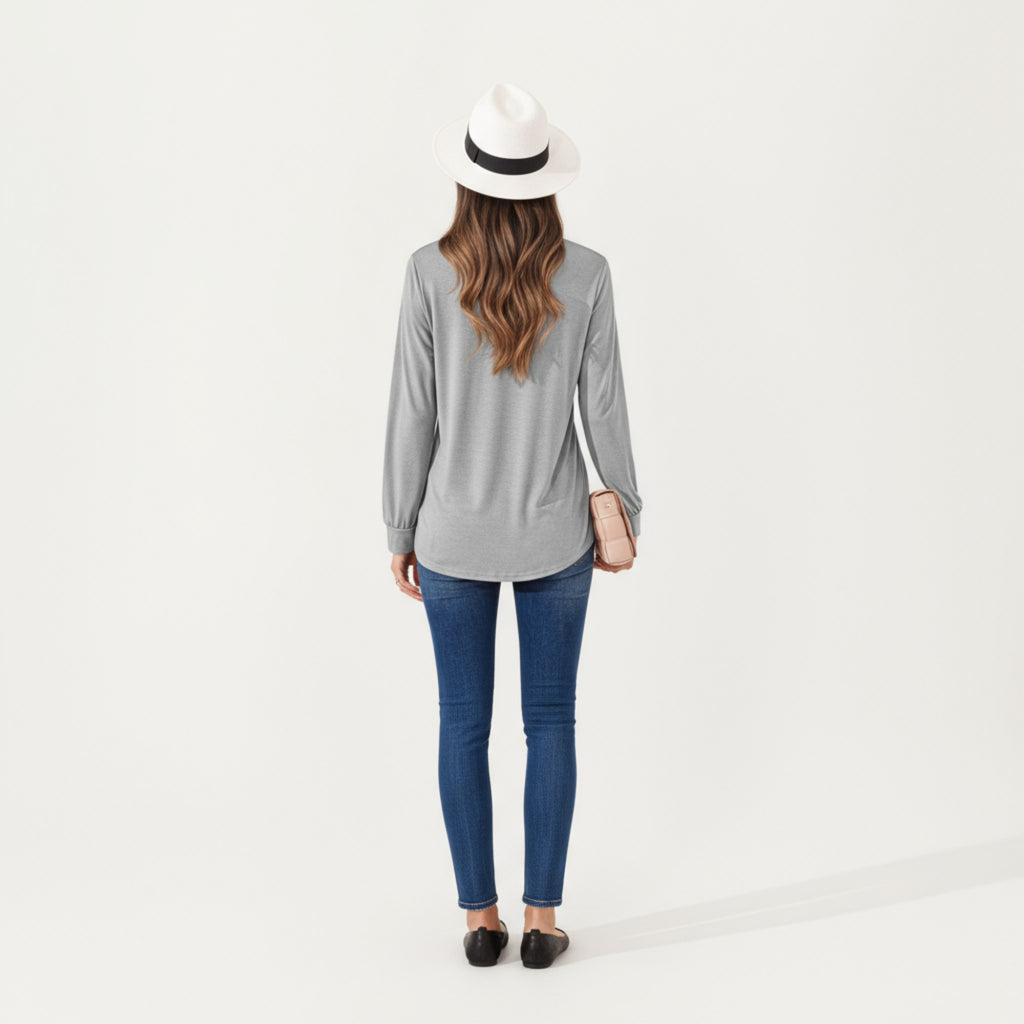 Anna-Kaci Women's Long Sleeve Square Neck Top with Front Pleat Detailing and Relaxed Fit