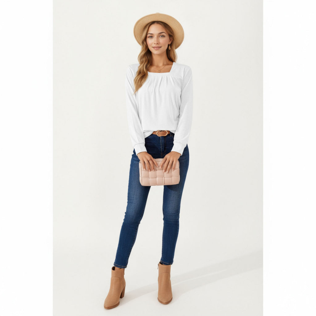 Anna-Kaci Women's Long Sleeve Square Neck Top with Front Pleat Detailing and Relaxed Fit