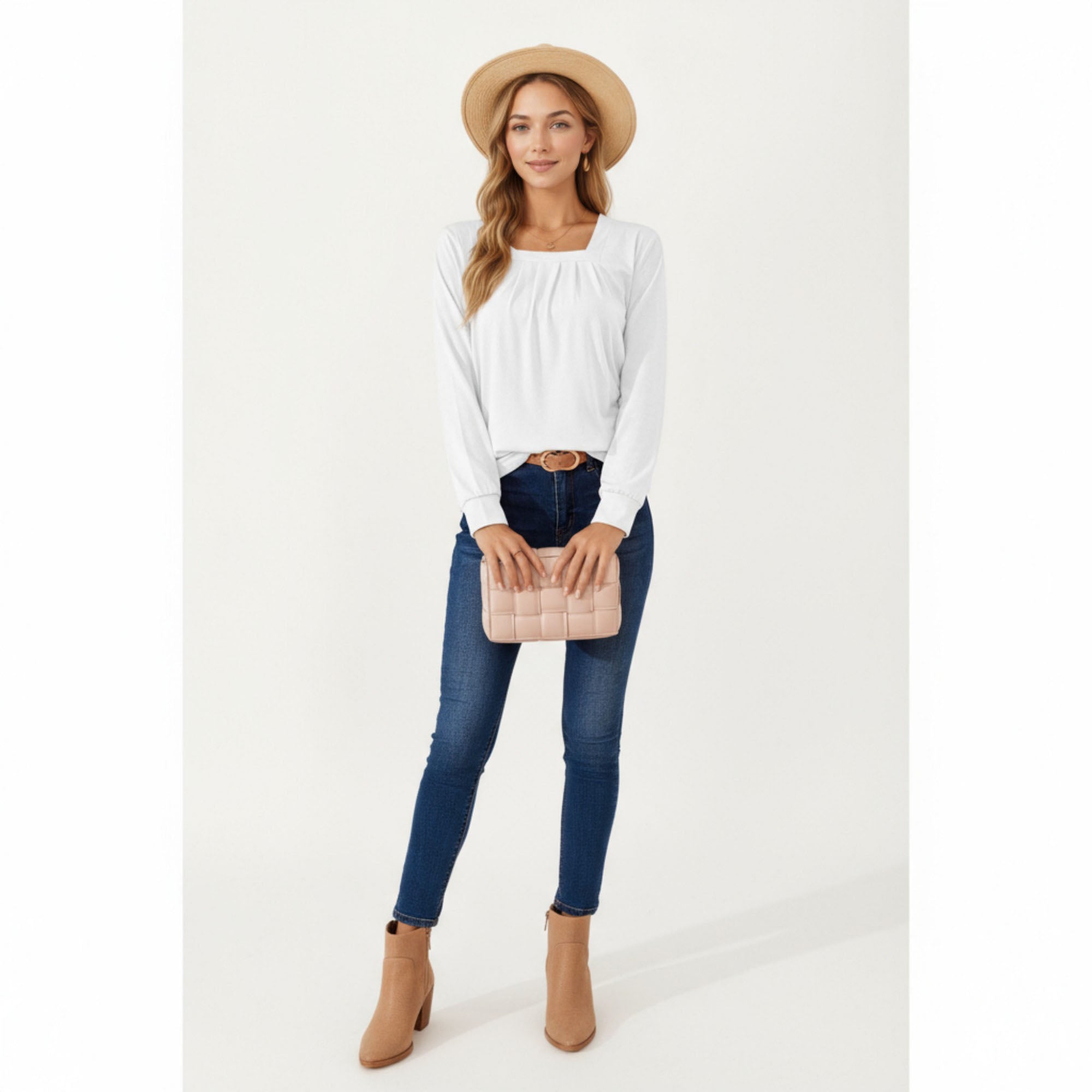 Anna-Kaci Women's Long Sleeve Square Neck Top with Front Pleat Detailing and Relaxed Fit