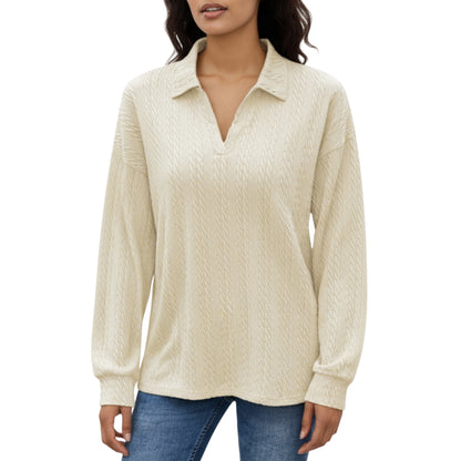 Anna-Kaci Women's Long Sleeve Collared Knit Top with Subtle Textured Pattern and Relaxed Fit