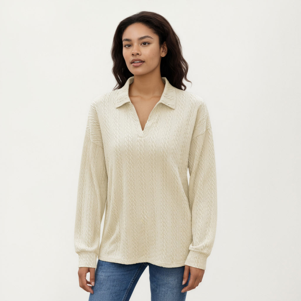 Anna-Kaci Women's Long Sleeve Collared Knit Top with Subtle Textured Pattern and Relaxed Fit