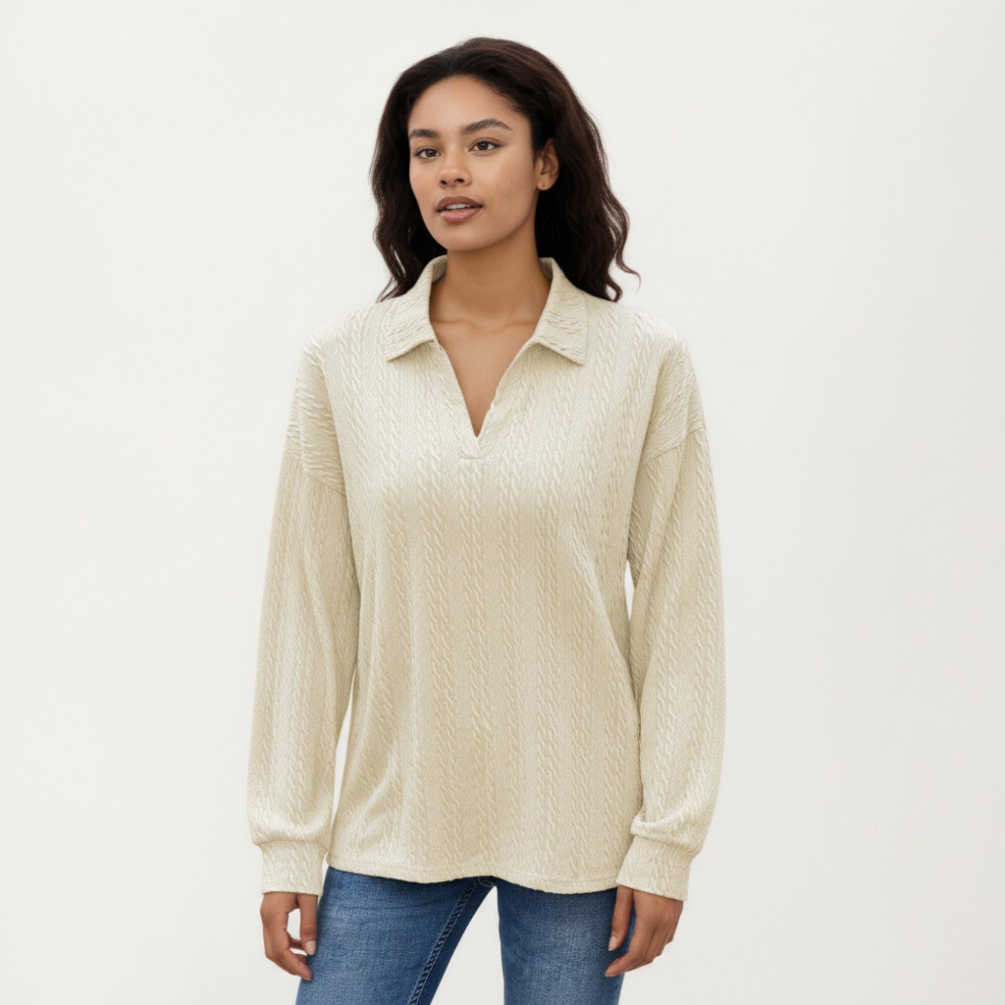 Anna-Kaci Women's Long Sleeve Collared Knit Top with Subtle Textured Pattern and Relaxed Fit