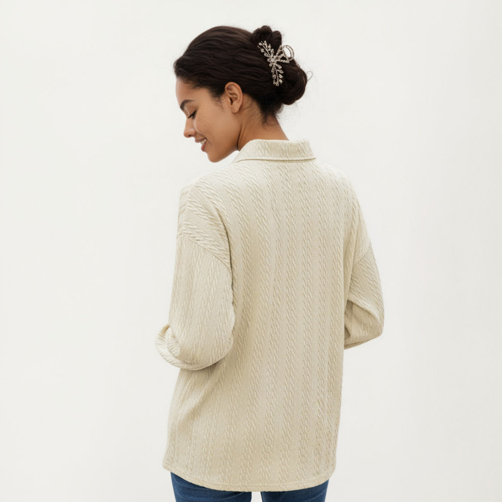 Anna-Kaci Women's Long Sleeve Collared Knit Top with Subtle Textured Pattern and Relaxed Fit