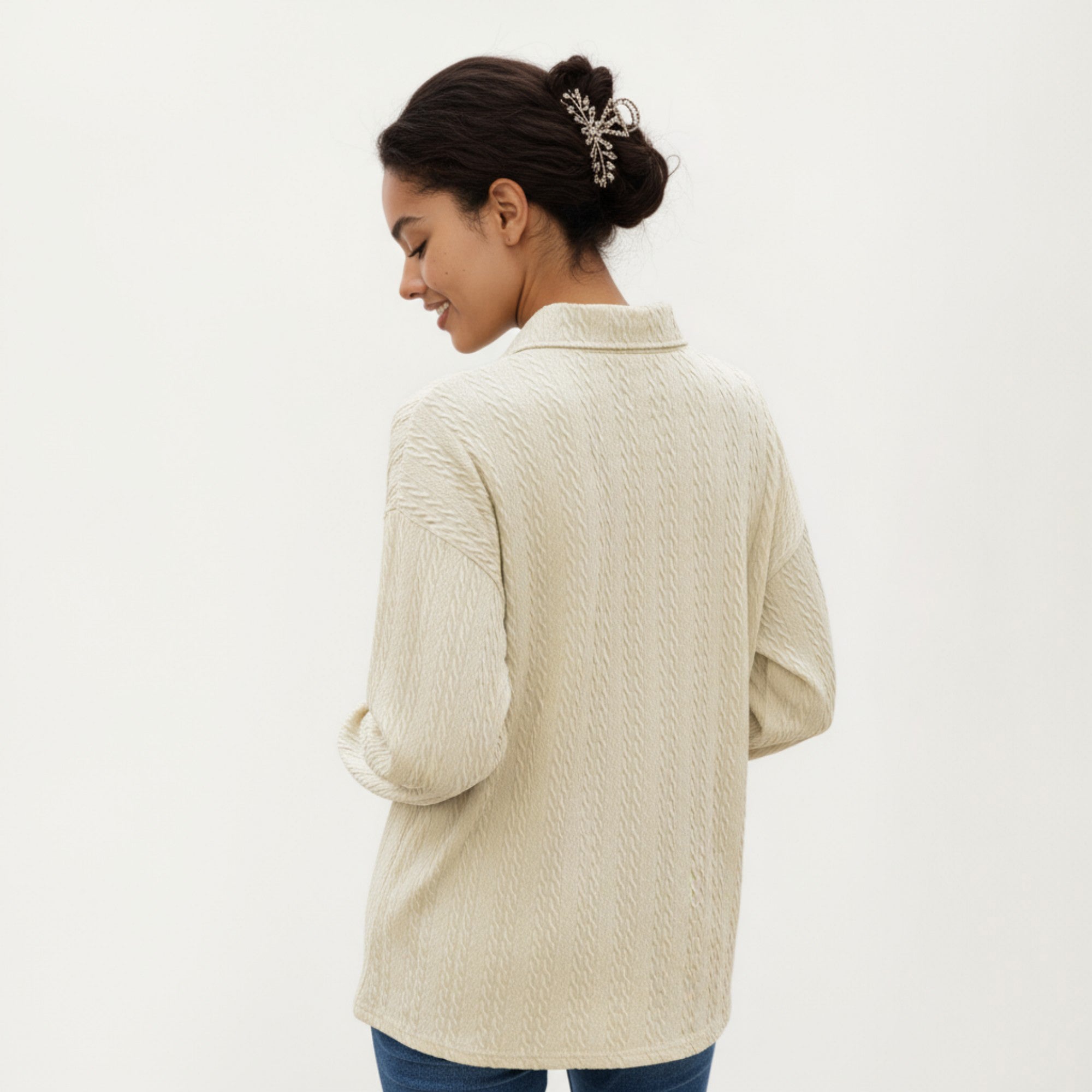 Anna-Kaci Women's Long Sleeve Collared Knit Top with Subtle Textured Pattern and Relaxed Fit