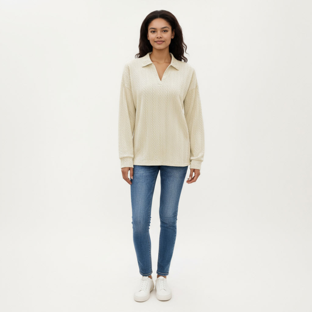 Anna-Kaci Women's Long Sleeve Collared Knit Top with Subtle Textured Pattern and Relaxed Fit