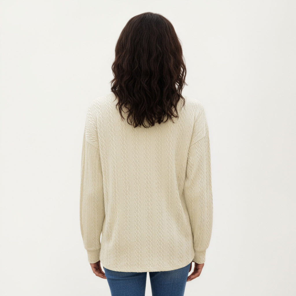 Anna-Kaci Women's Long Sleeve Collared Knit Top with Subtle Textured Pattern and Relaxed Fit