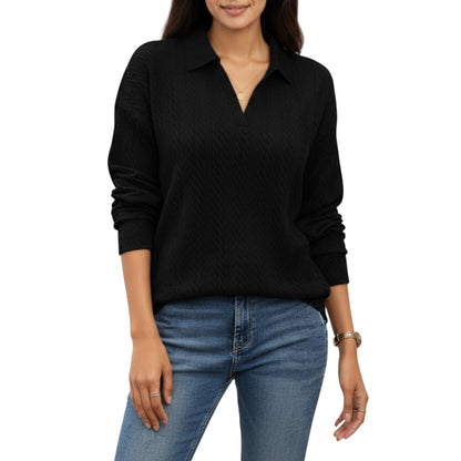 Anna-Kaci Women's Long Sleeve Collared Knit Top with Subtle Textured Pattern and Relaxed Fit