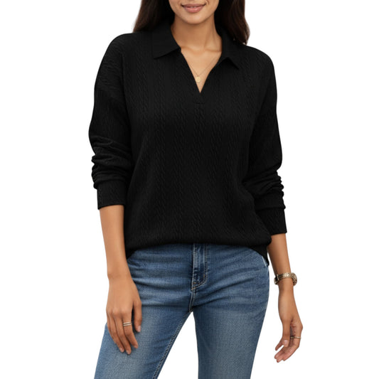Anna-Kaci Women's Long Sleeve Collared Knit Top with Subtle Textured Pattern and Relaxed Fit