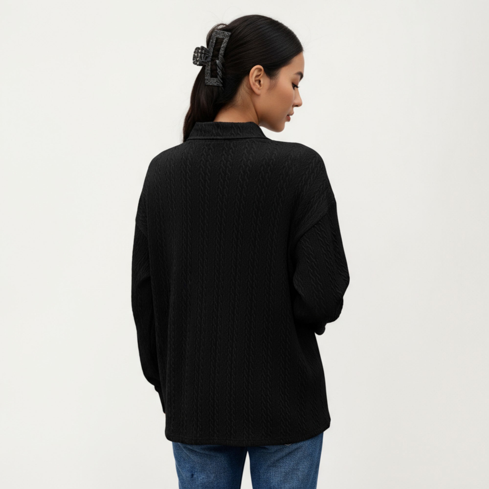 Anna-Kaci Women's Long Sleeve Collared Knit Top with Subtle Textured Pattern and Relaxed Fit