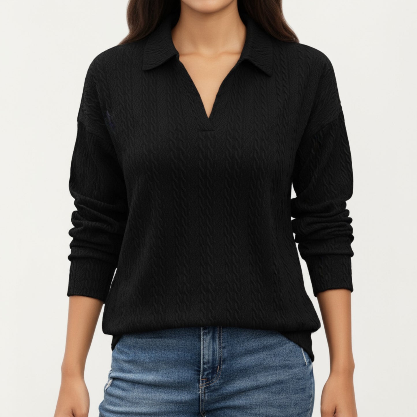 Anna-Kaci Women's Long Sleeve Collared Knit Top with Subtle Textured Pattern and Relaxed Fit
