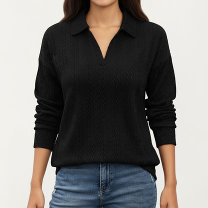 Anna-Kaci Women's Long Sleeve Collared Knit Top with Subtle Textured Pattern and Relaxed Fit