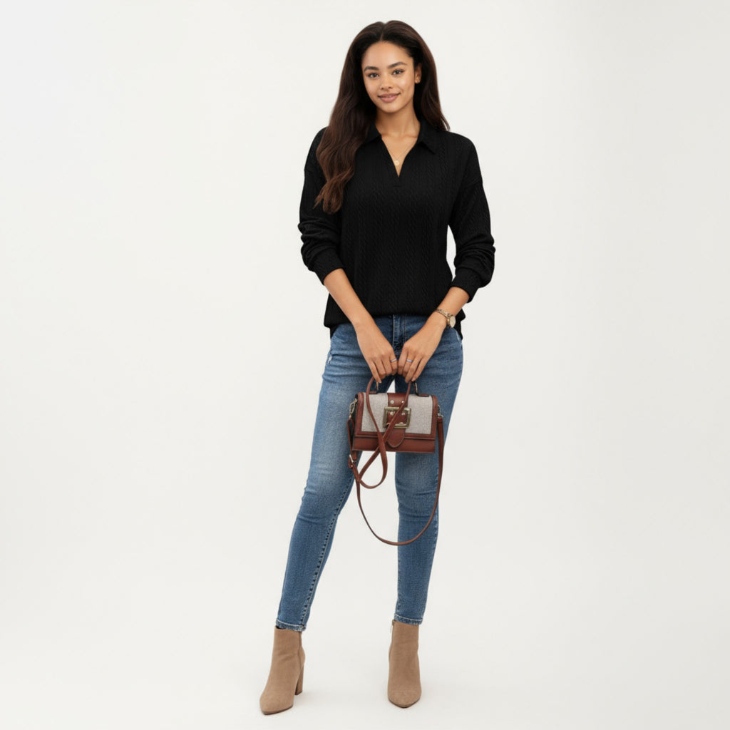 Anna-Kaci Women's Long Sleeve Collared Knit Top with Subtle Textured Pattern and Relaxed Fit