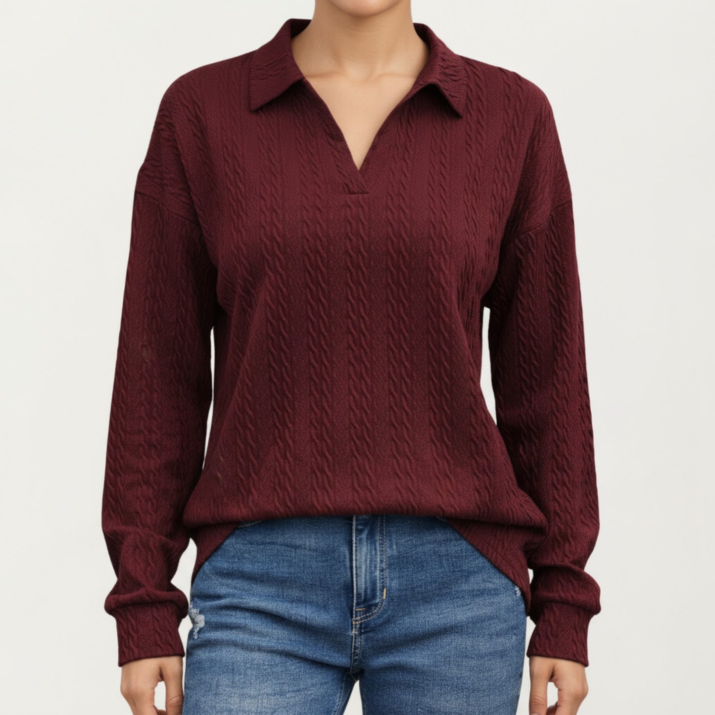 Anna-Kaci Women's Long Sleeve Collared Knit Top with Subtle Textured Pattern and Relaxed Fit