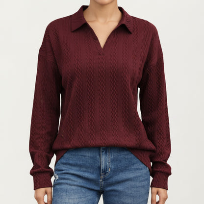 Anna-Kaci Women's Long Sleeve Collared Knit Top with Subtle Textured Pattern and Relaxed Fit