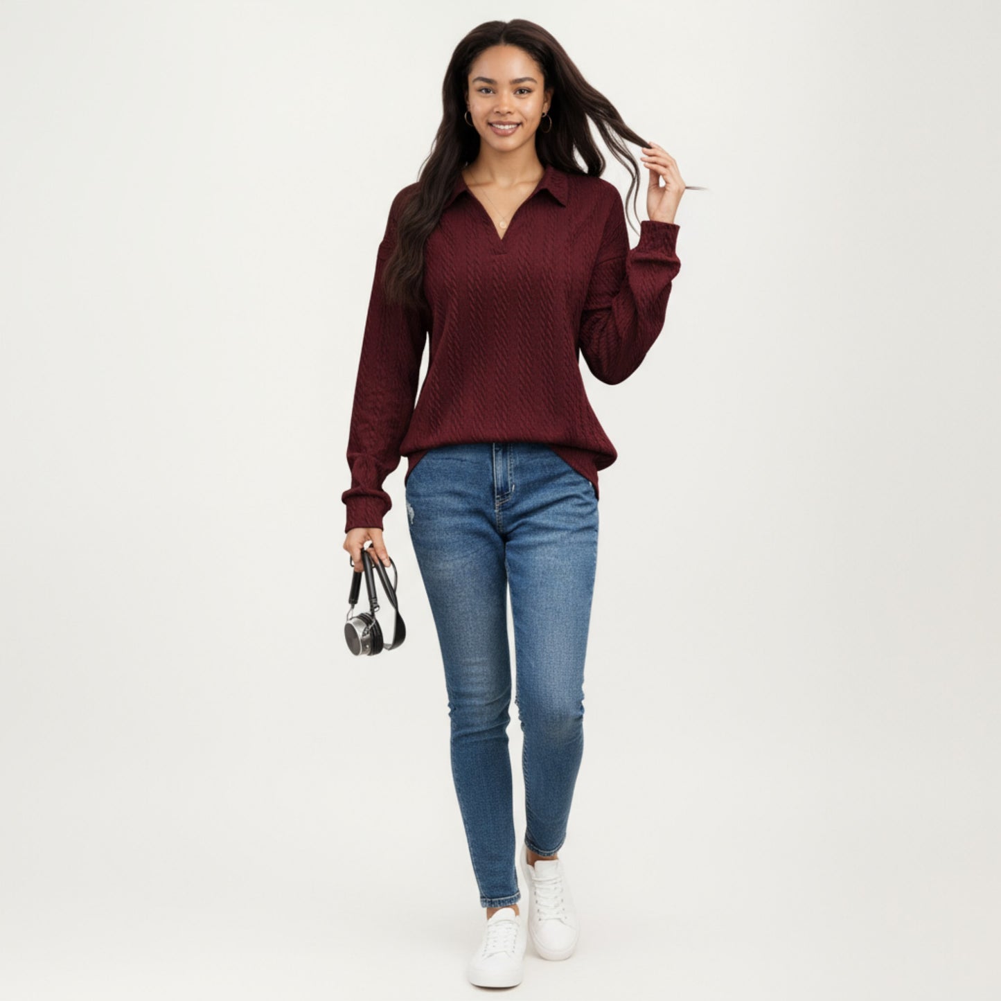 Anna-Kaci Women's Long Sleeve Collared Knit Top with Subtle Textured Pattern and Relaxed Fit