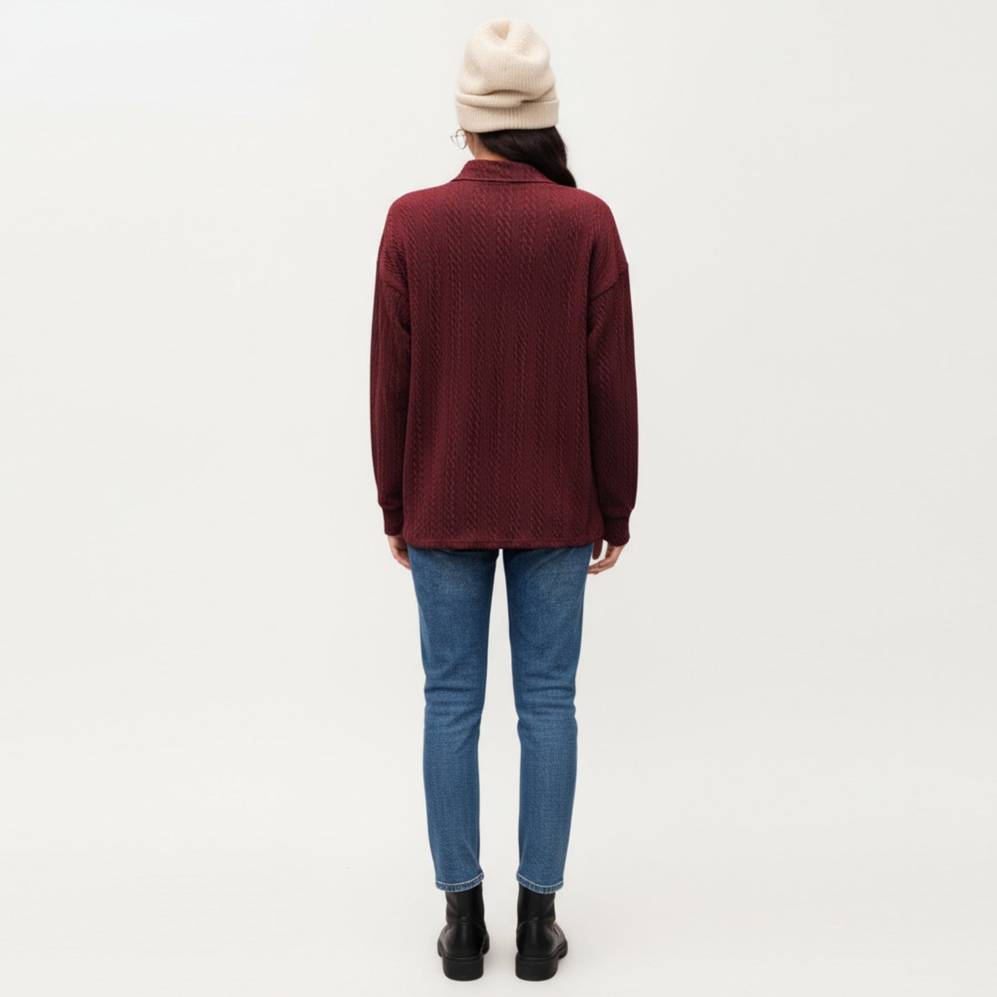 Anna-Kaci Women's Long Sleeve Collared Knit Top with Subtle Textured Pattern and Relaxed Fit