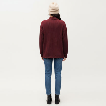 Anna-Kaci Women's Long Sleeve Collared Knit Top with Subtle Textured Pattern and Relaxed Fit