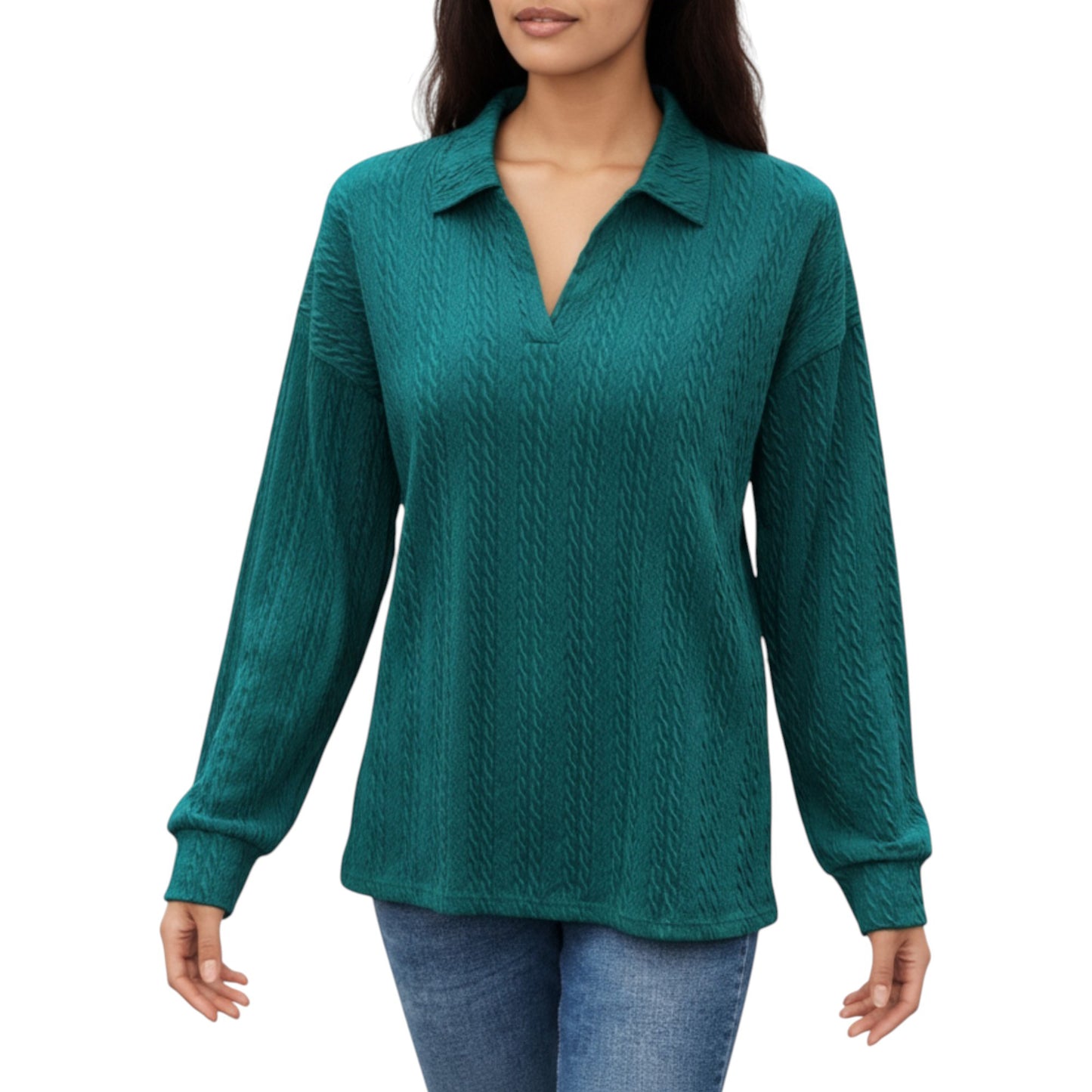 Anna-Kaci Women's Long Sleeve Collared Knit Top with Subtle Textured Pattern and Relaxed Fit
