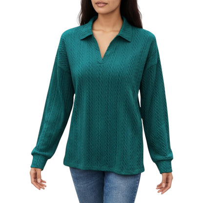 Anna-Kaci Women's Long Sleeve Collared Knit Top with Subtle Textured Pattern and Relaxed Fit