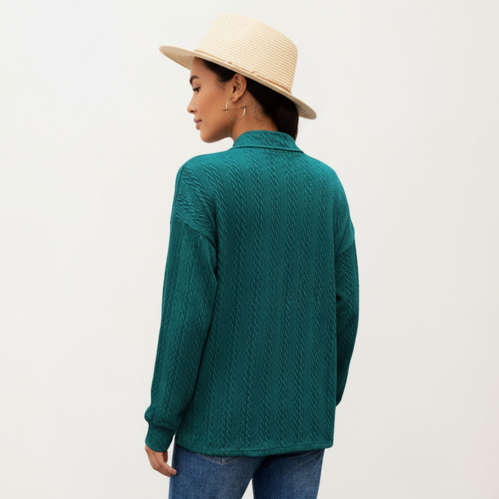 Anna-Kaci Women's Long Sleeve Collared Knit Top with Subtle Textured Pattern and Relaxed Fit