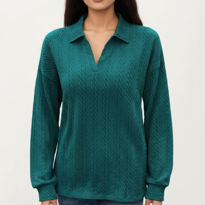 Anna-Kaci Women's Long Sleeve Collared Knit Top with Subtle Textured Pattern and Relaxed Fit