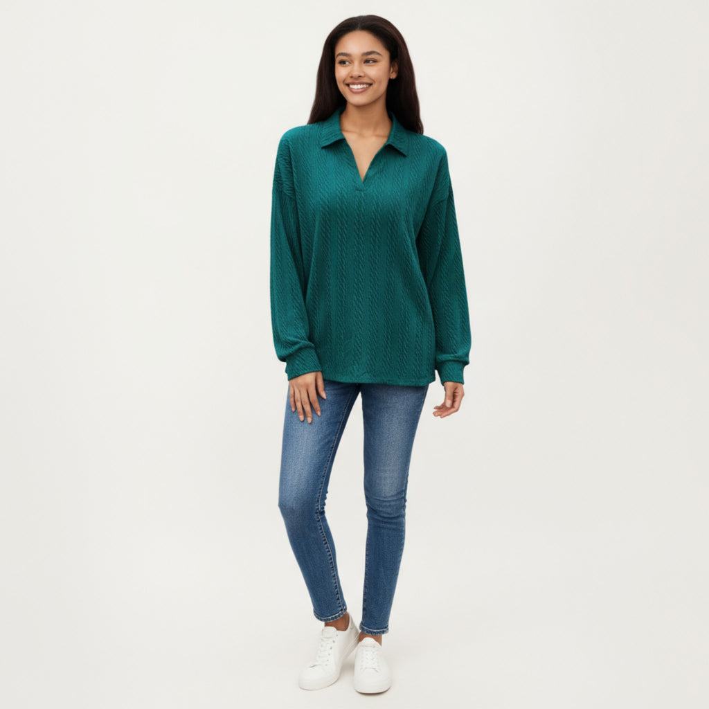 Anna-Kaci Women's Long Sleeve Collared Knit Top with Subtle Textured Pattern and Relaxed Fit