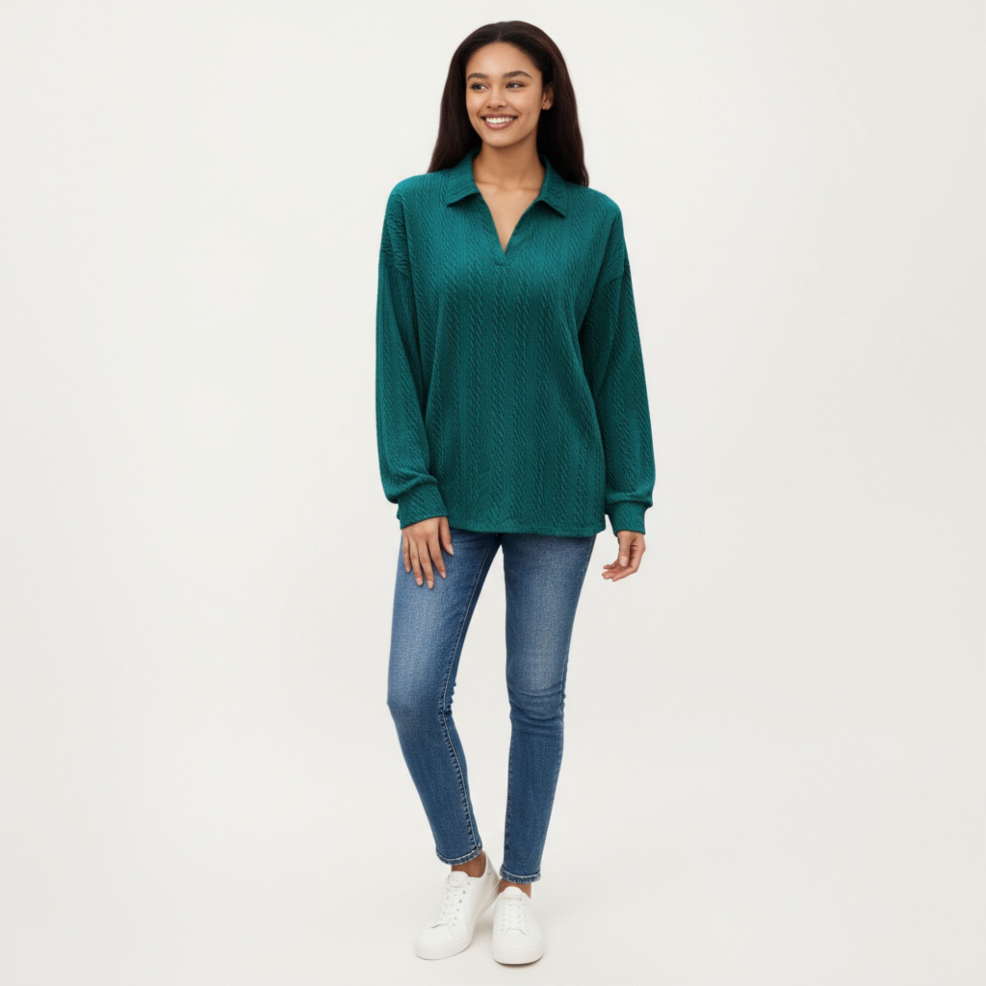 Anna-Kaci Women's Long Sleeve Collared Knit Top with Subtle Textured Pattern and Relaxed Fit