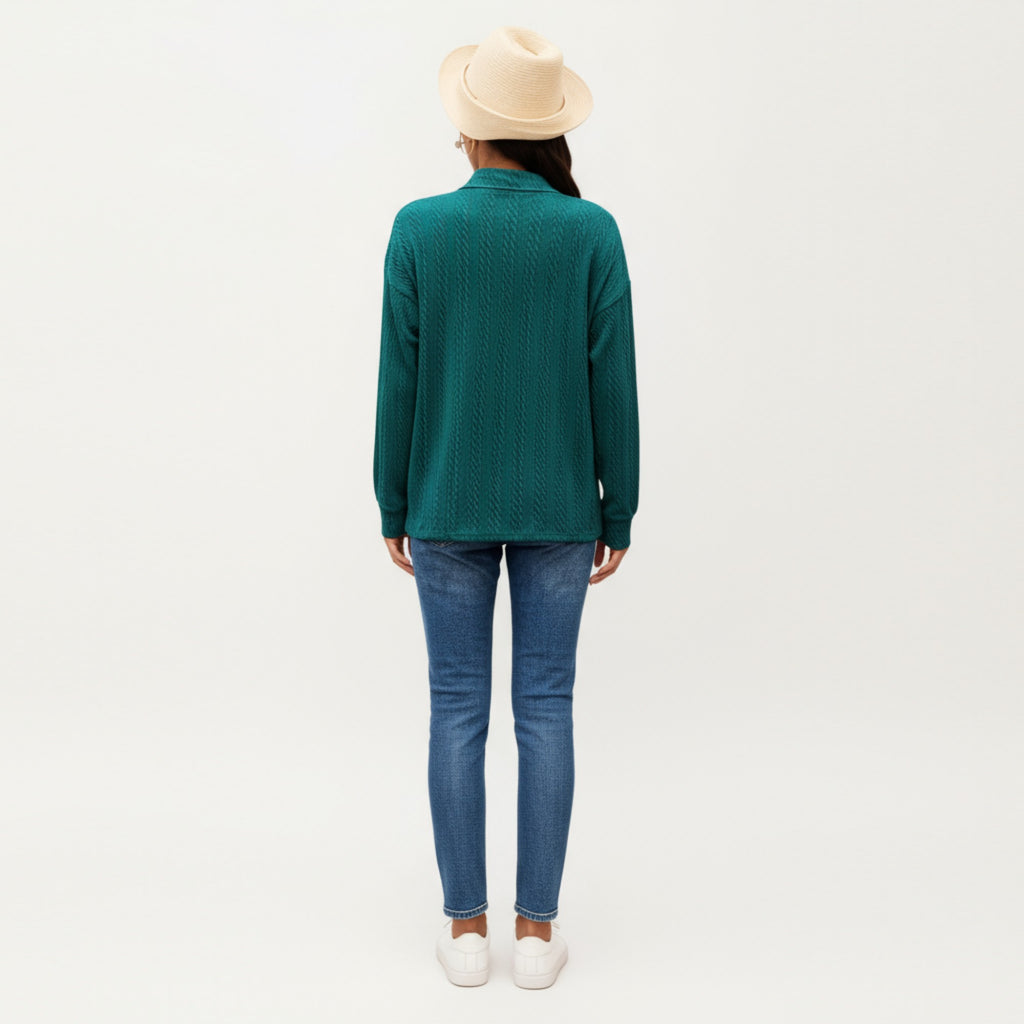 Anna-Kaci Women's Long Sleeve Collared Knit Top with Subtle Textured Pattern and Relaxed Fit