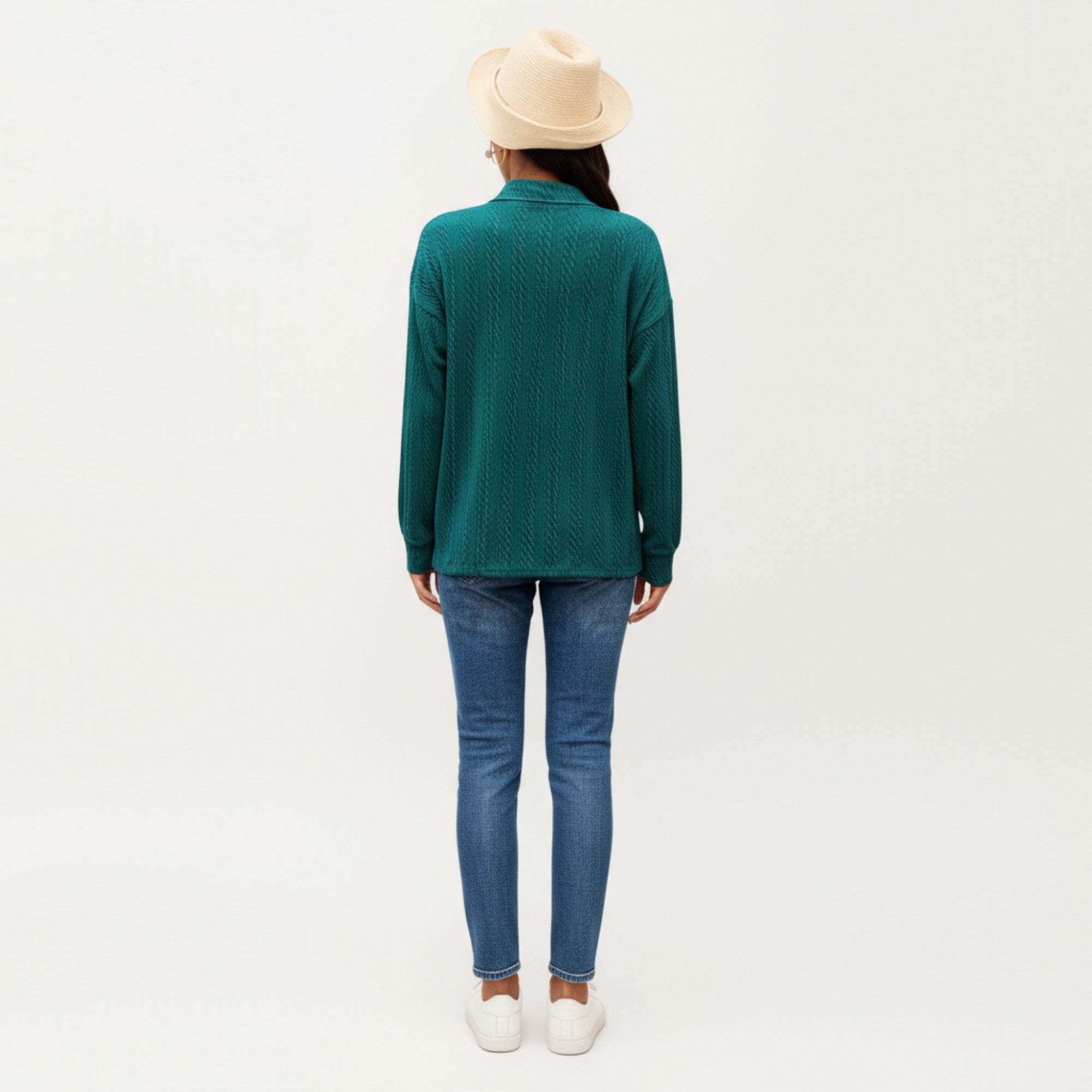 Anna-Kaci Women's Long Sleeve Collared Knit Top with Subtle Textured Pattern and Relaxed Fit