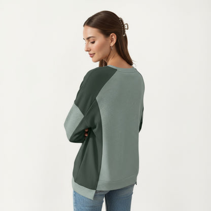 Anna-Kaci Women's Long Sleeve Colorblock Pullover Top with Crew Neck and Relaxed Fit