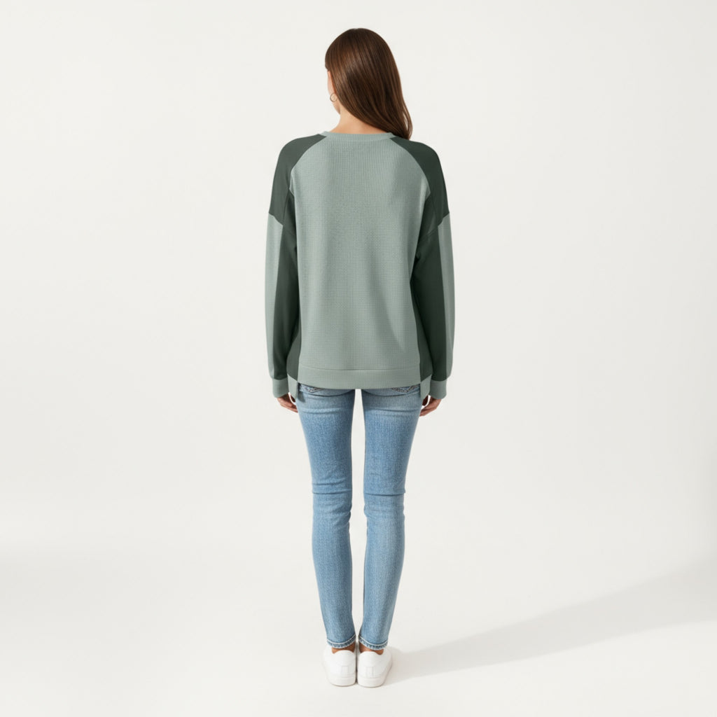 Anna-Kaci Women's Long Sleeve Colorblock Pullover Top with Crew Neck and Relaxed Fit
