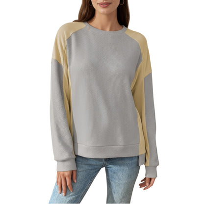 Anna-Kaci Women's Long Sleeve Colorblock Pullover Top with Crew Neck and Relaxed Fit