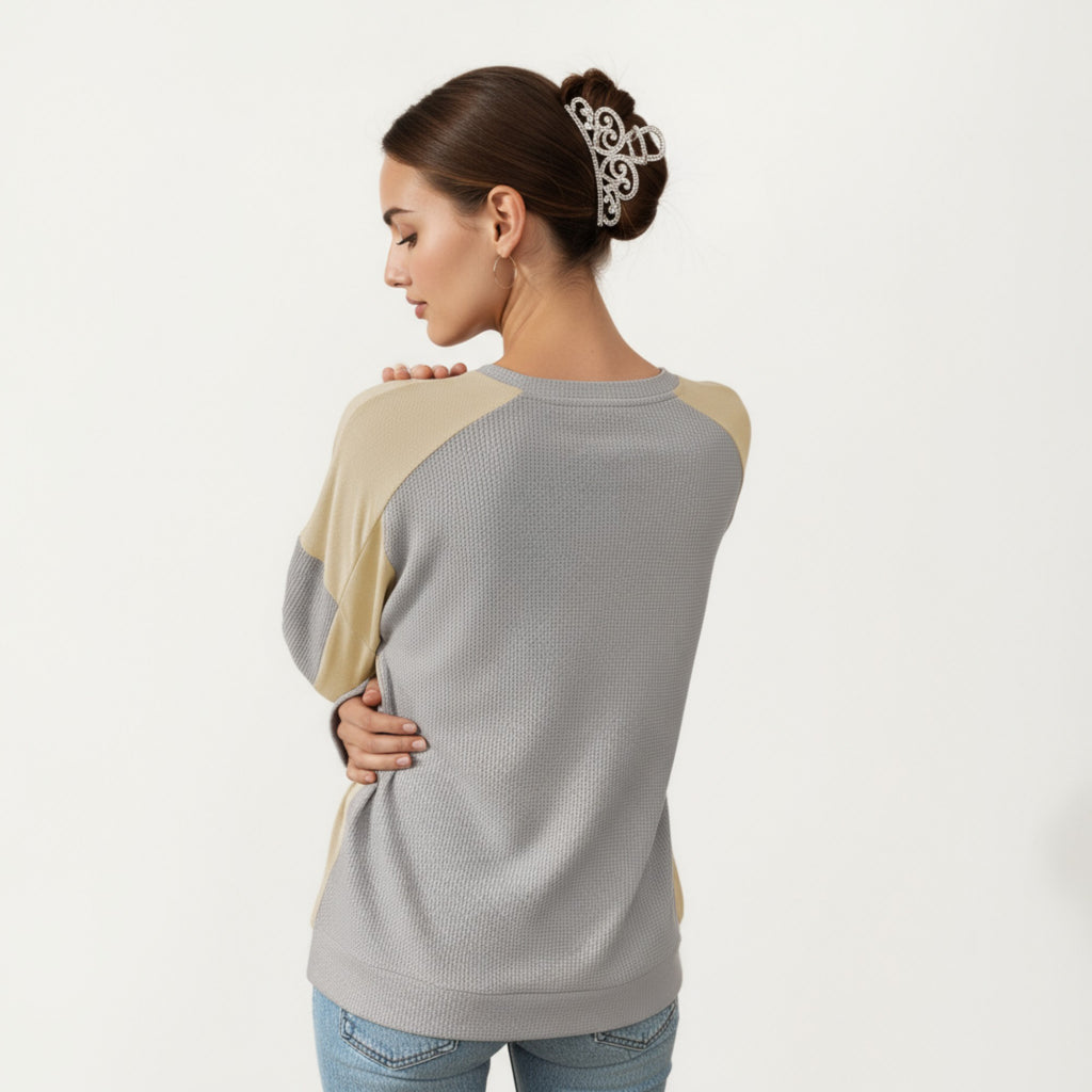 Anna-Kaci Women's Long Sleeve Colorblock Pullover Top with Crew Neck and Relaxed Fit