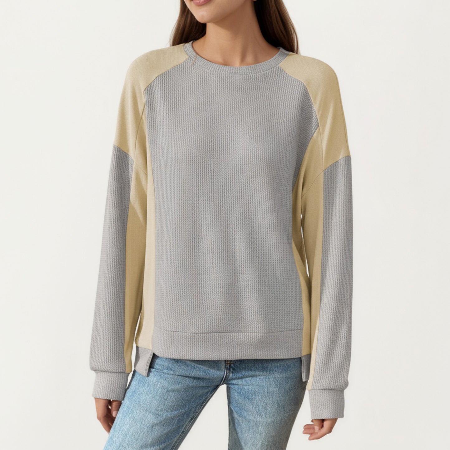 Anna-Kaci Women's Long Sleeve Colorblock Pullover Top with Crew Neck and Relaxed Fit